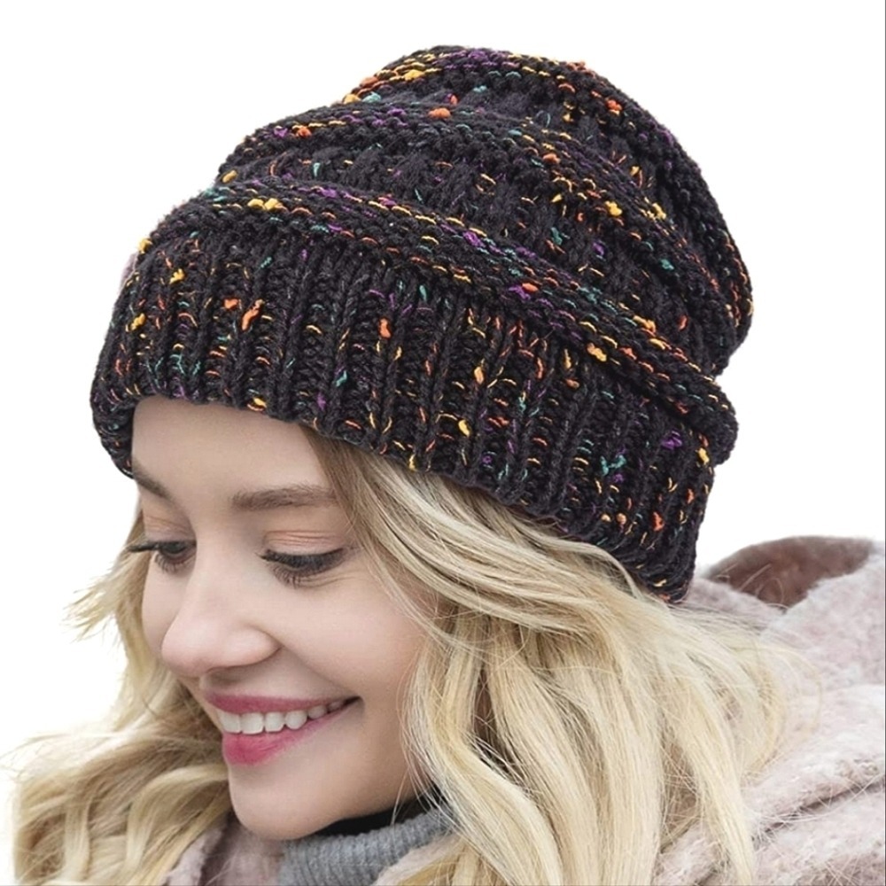Black Crochet beanie Winter hat Boho rainbow slouch chunky cable knit Casual